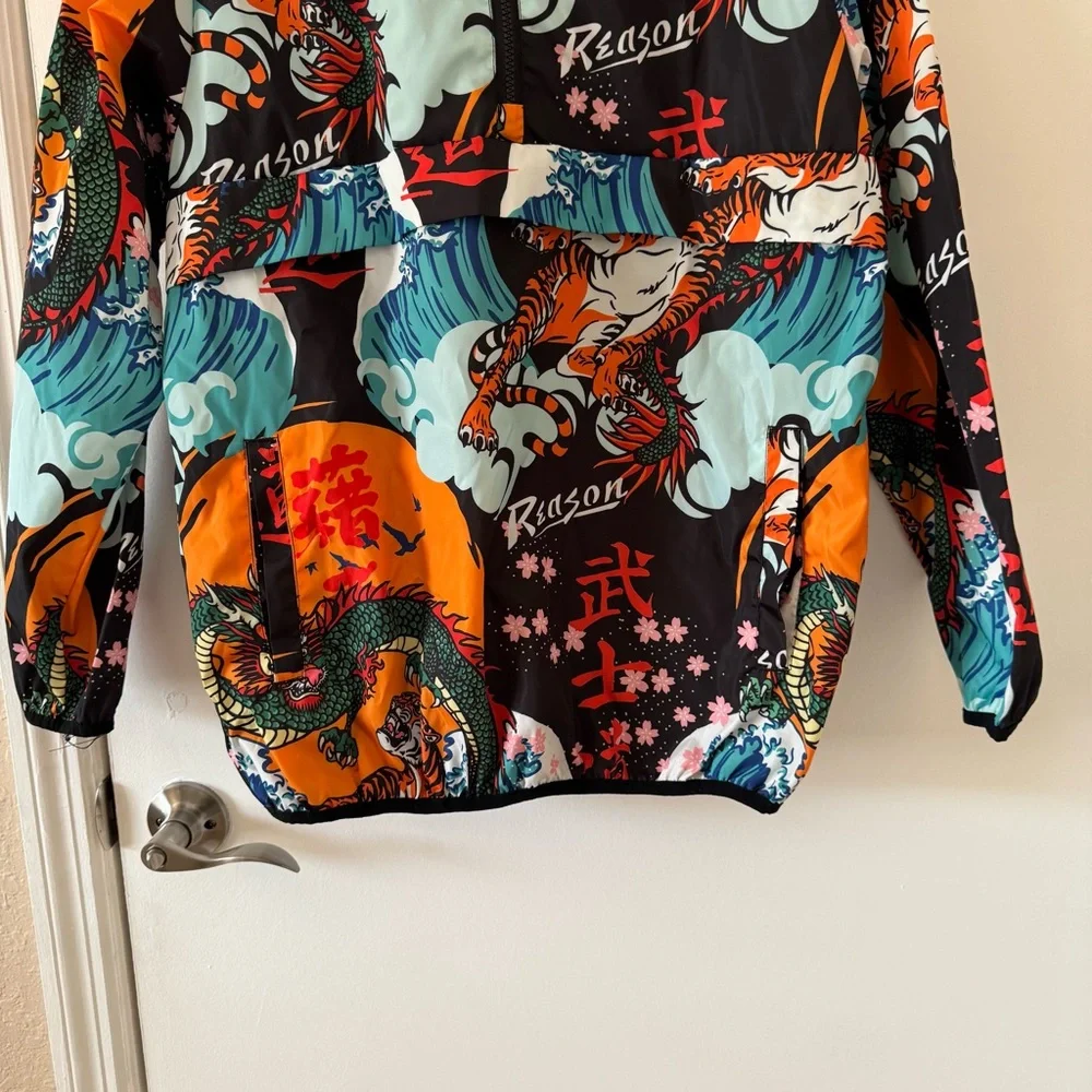 Reason Clothing Kanji Japan Print Dragon Half-Zip Anorak Hoodie Jacket Sz Medium